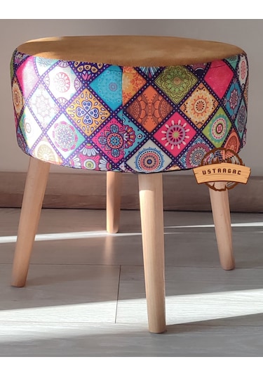 Puf Koltuk Tabure - Mandala Baskı Dallas Kumaş - Ahşap Gürgen Ay