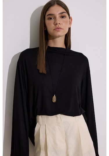 Dökümlü Uzun Kol Bluz Siyah Siyah