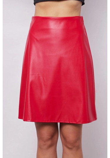 Kadın Hafif Likralı Deri Yüksek Bel Diz Boy Çan Etek-kırmızı Kırmızı
