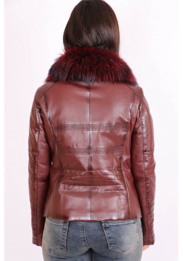 Bordo Hakiki Deri Çıkarılabilir Kürk Yakalı Mont Kaban