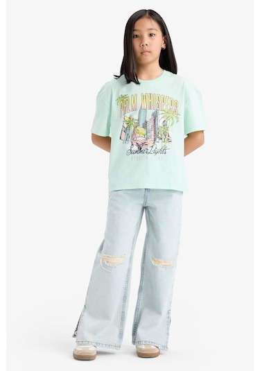 Defacto Kız Çocuk Relax Fit Bisiklet Yaka Baskılı Kısa Kollu Tişört E0389a825smtr413 Turkuaz