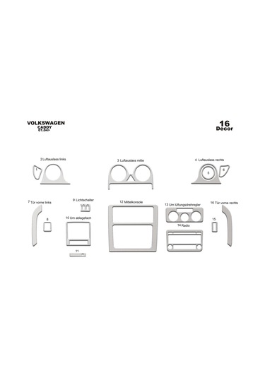 Volkswagen Caddy Konsol-torpido Kaplama 2004-2009 16 Parça-alüminyum Alüminyum