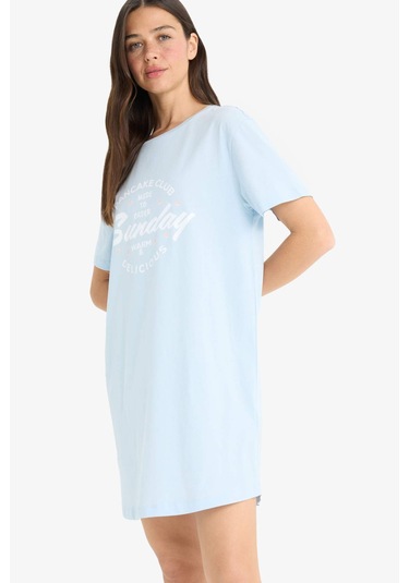 Defacto Regular Fit Bisiklet Yaka Sırt Baskılı Kısa Kollu Gecelik-fall İn Lov F6106ax25smbe343 Mavi