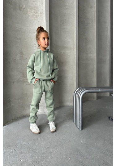 Üç İplik Kapüşonlu Şardonlu Takım Mint