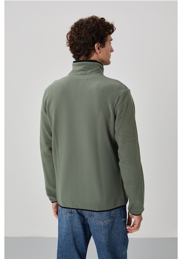 Tommy Life Çağla Yazı Nakışlı Dik Yaka Fermuarlı Standart Kalıp Erkek Sweatshirt Polar - 87992 Çağla