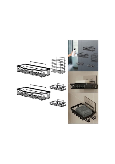 Homyl Duş Rafı Banyo Depolama Sepeti 5 Adet Basit Duvara Monte Siyah
