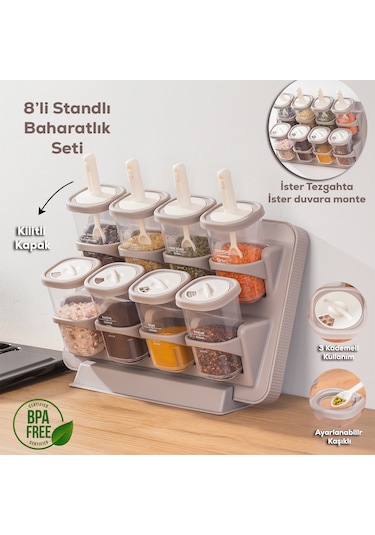 Porsima 1116 Standlı Kaydırmalı Kaşıklı Baharatlık Seti Cappuccin Cappuccino