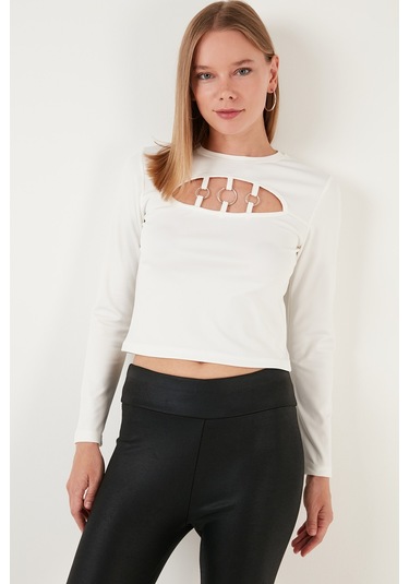 Lela Slim Fit Bisiklet Yaka Önü Pencereli Crop Bayan Bluz 5865399 Beyaz