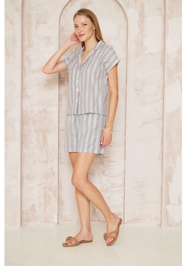 Kadın Özel Kumaş Ceket Yaka Beli Lastikli Kısa Kol Gömlek Cepli Şort Takım 3625290 Siyah - Beyaz