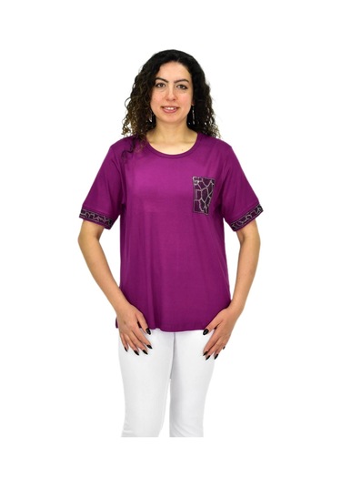 Caftan Kadın Kısa Kol Taşlı Bluz Bgl-st04709 Mor