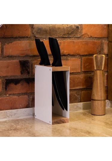 Doğal Ahşap Metal Bıçak Standı, Mutfak Bıçak Rafı, Bıçak Standı Bıçak Dahil Değildir Beyaz
