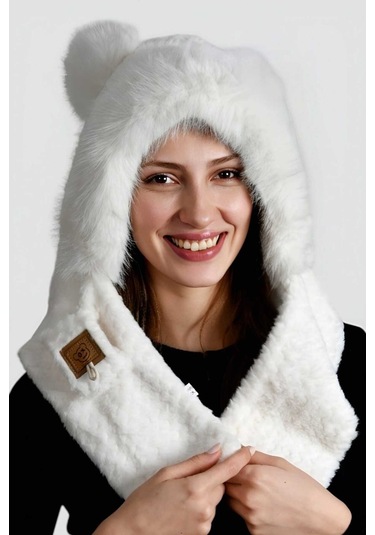 Uniquetrenders Kadın Kulaklıklı Boyun Bağlamalı Yumuşak Peluş Şapka Beyaz