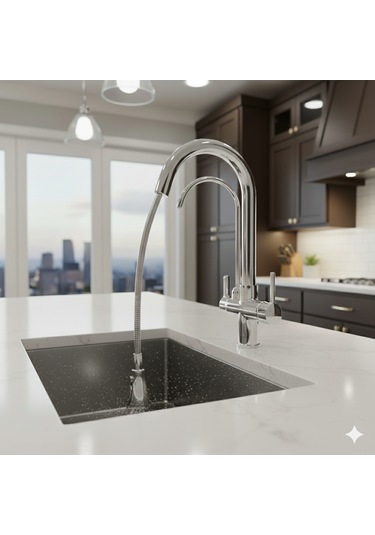 0650 Arıtmalı Spiralli Mutfak Bataryası Siyah Beyaz Krom Gold Renk Krom