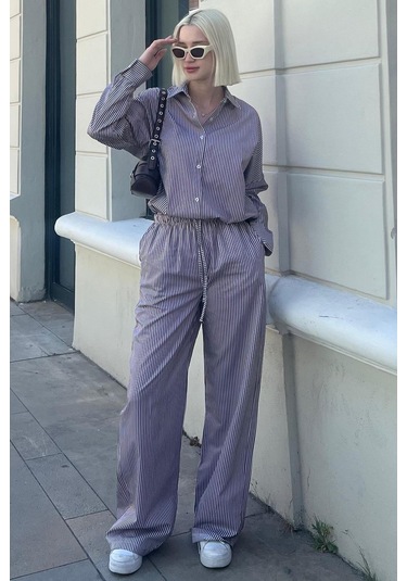 Madmext Bordo Uzun Kollu Çizgili Gömlek Pantolon İkili Takım Mg2124-bordo Bordo