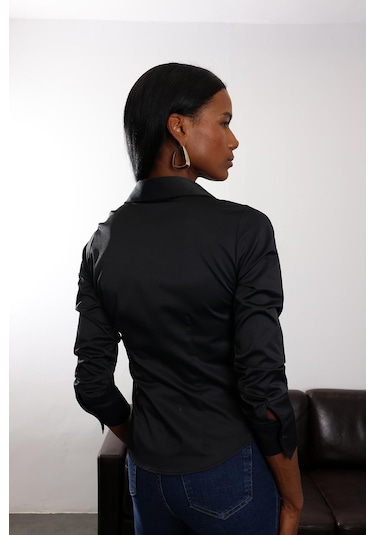 5in1Canpolat Siyah Parlak Bitişli Slim Fit Gömlek 4897 Siyah