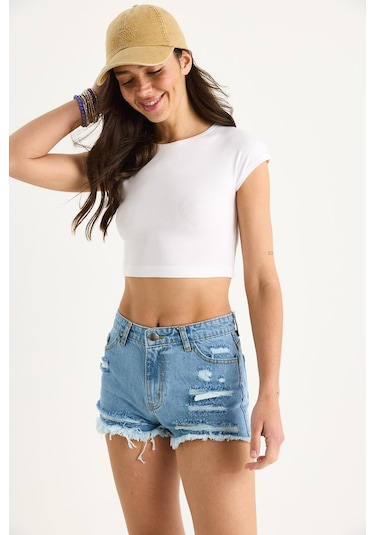 Shade Kadın Cep Detaylı Püsküllü Yırtık Denim Şort 60283399 - Mavi