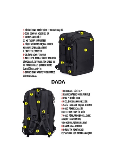 Körüklü Laptop Sırt ve Seyahat Çantası 15,6 İnç 40 Litre Usb Su Geçirmez Kumaş Siyah Dada 12