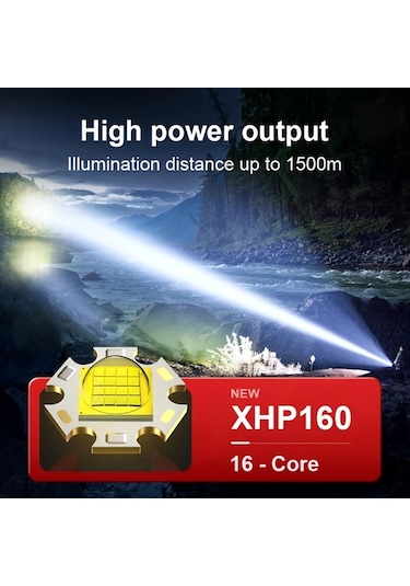 Xuweiwei Yüksek Güçlü Xhp160 Şarj Edilebilir 18650 Pil Led El Feneri 5 Mod 16 Çekirdekli Açık Bakır - Siyah