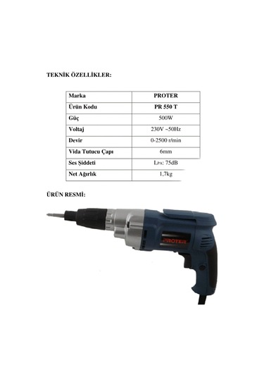 Proter Elektrikli Vidalama 500W 6MM PR 550 T