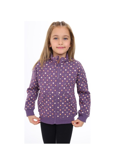 Toontoy Kız Çocuk Dik Yaka Fermuarlı Cepli Düşük Omuz Baskılı Örme Hırka - 2 İplik Şardonlu Mor