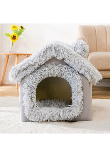 Homyl Yumuşak Köpek Kulübesi Evi Şekil Sıcak Mağara Gri-l