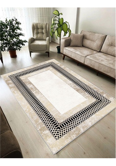 Yıkanabilir Kaymaz Taban Dekoratif Salon Mutfak Halı 12 Krem - Bej