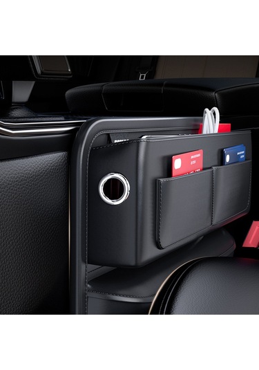 Tenfowee Araç İçi Deri Çok Bölmeli Depolama Çantası Şarj Delikli, Kolay Montaj, Siyah
