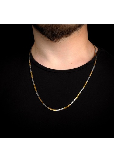 Lekka Design Kararmaz Çelik Çift Renk Erkek Yassı Zincir Kolye Çok Renkli