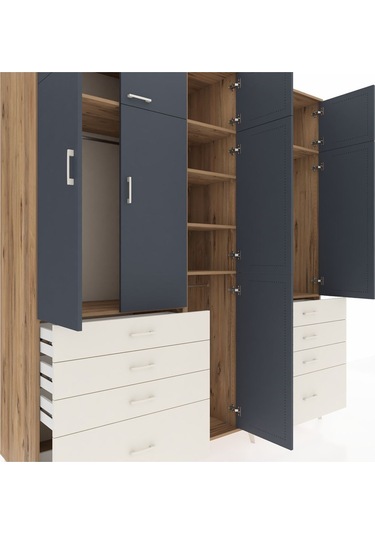 Kronos Dolap 8 Raflı 8 Çekmeceli 3 Askılı 220x59x243 Çam-antrasit/aytaşı Antrasıt/aytası