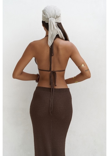 Mai Collection Mai Studios Co. Pangestu Üçgen Kahve Crop Etek Triko Takım Kahve