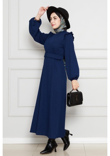 Omuzu Fırfır Kemerli Elbise-lacivert-4560 Lacivert