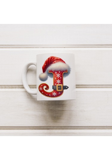 J Harfi Yılbaşı Temalı Bardak 330 Ml Harfli Kişiye Özel Hediye - Yeniyıl / Noel Şapka Tasarım Beyaz