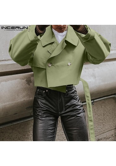 Incerun Erkek Düz Renk Kırpılmış Rahat Yaka Rüzgarlık Mont Ceketler Haki