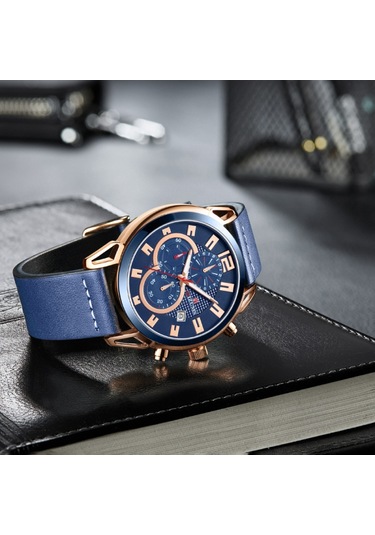 Mızums Erkek İş Saati Moda Alaşımlı Kasa Deri Bantlı Saat Zarif 3 Atm Su Geçirmez Kuvars Bilek Saati Gül Altın Kasa Mavi Yüzeyli Diğer