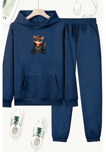 Unisex Lacivert Cool Cat Baskılı Eşofman Kapüşon- Kışlık Şardonlu Kumaş Lacivert