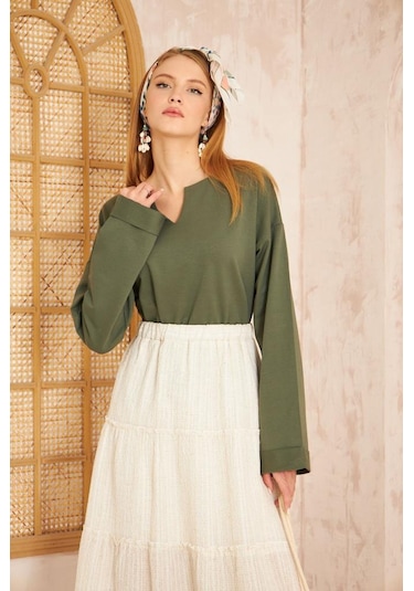 Kadın Ekstra Uzun Duble Kol / Yakası Yırtmaçlı Salaş Sweatshirt Bluz 3470190 Haki