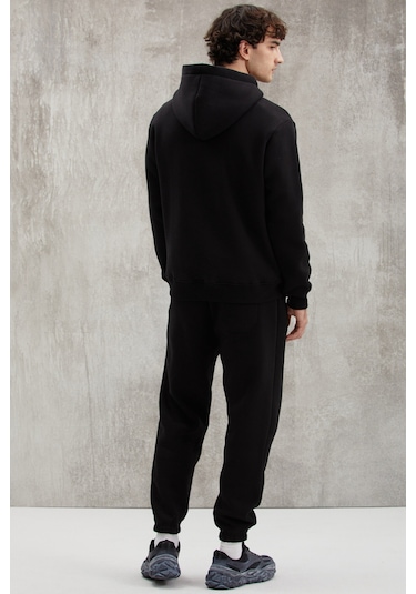 Grimelange Martel Erkek Yumuşacık Içi Polarlı Baskılı Regular Kordonlu Siyah Sweatshirt