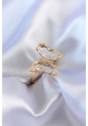 Gold Renk Zirkon Taşlı Kelebek Model Pirinç Kadın Yüzük Çok Renkli