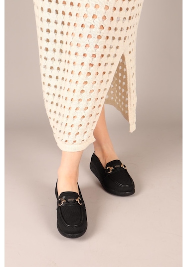 Minty Önü Tokalı Triko Babet Siyah-7905 Siyah