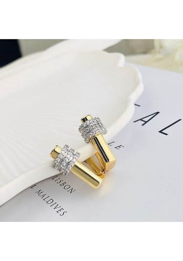 Kadın Küpe Trend Model Zirkon Taşlı Çelik Küpe Gold Gold - Gümüş