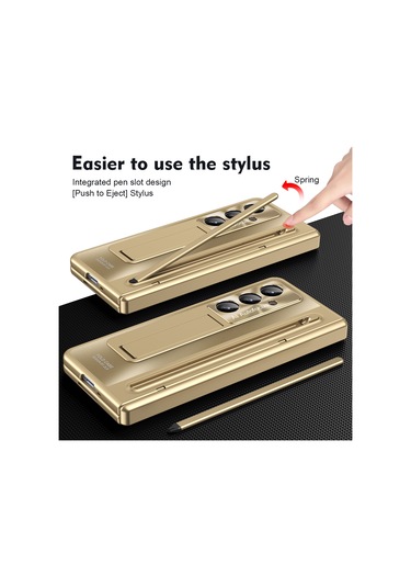 Samsung Galaxy Uyumlu Z Fold7 5g Kılıf Destekli Menteşeli Pc Telefon Kılıfı, Temperli Cam Filmi Ve Kalem - Altın Altın