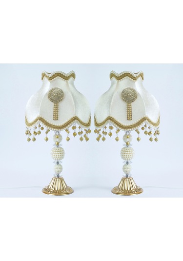 Klasik Model Abajur Kadife Kaplı El Yapımı Broşlu