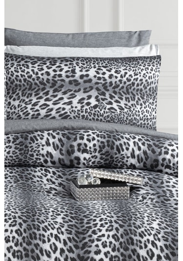 Lastikli Çarşaflı Çift Kişilik Nevresim Takımı Leopar Füme - Gri