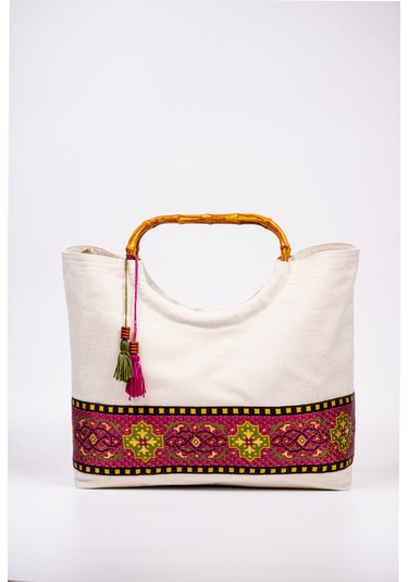 Fabric Craft Bag El Çantası Kanvas Etnik Dokuma Bordürlü Beyaz