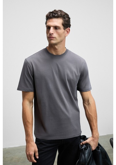 Solo Erkek %100 Organik Pamuklu Kalın Dokulu Comfort Fit Bisiklet Yakalı Antrasit T-Shirt