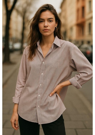 Kadın Bordo Çizgili Beyaz Oversize Gömlek Over Fit Relaxed Gömlek Çok Renkli