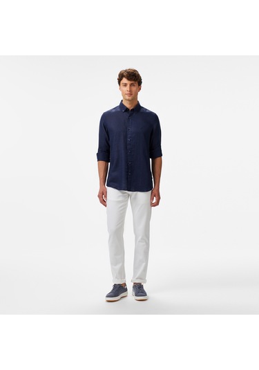 Nautica Erkek Lacivert Classic Fit Keten Gömlek Düz W55101t Lacivert