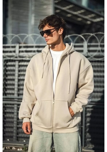 Oversize Tam Fermuarlı Uzun Kol Hırka - Bej Bej