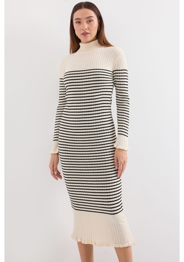 Bigdart 15893 Çizgili Uzun Triko Elbise - Ekru 001