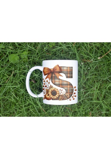 S Harfi Ekose Ve Sonbahar Temalı Kupa Bardak - Kişiye Özel Sıcak Tonlar Alfabe Kupa - Hediye Beyaz